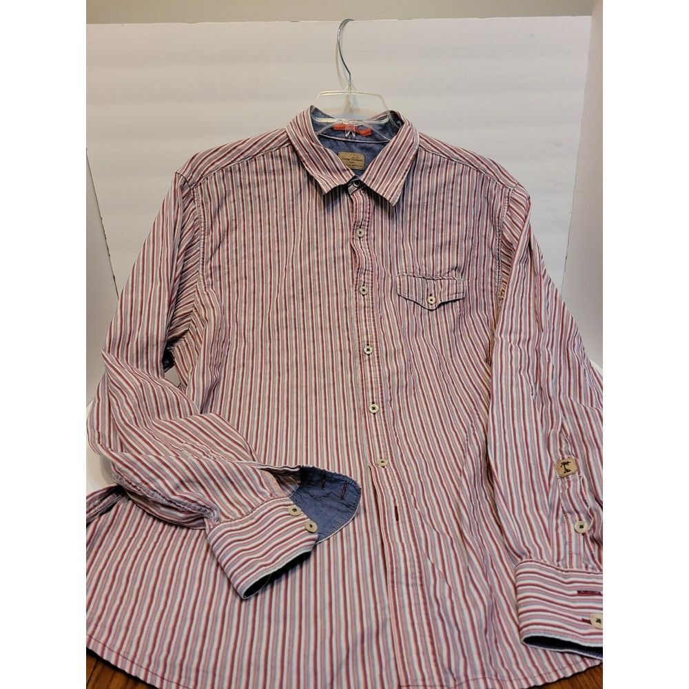 Tommy Bahama Shirt Men XL Red‎ White Blue Striped Long Sleeve Good 123-TD34444